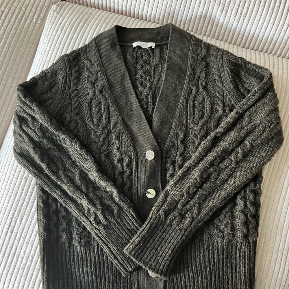 Vince Khaki Green Cable Knit Cardigan